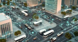 smart cities connect vehicles to buildings to persons, illustration, generative ai