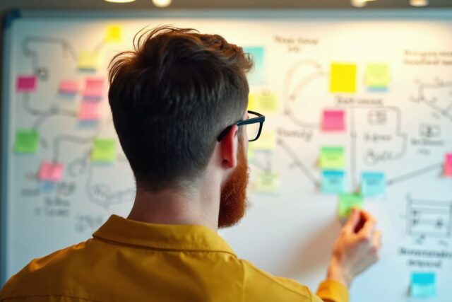 Bearded man works on whiteboard planning user experience. He organizes colorful sticky notes to map out a tech project, digital design, and business strategy. He develops new product processes.